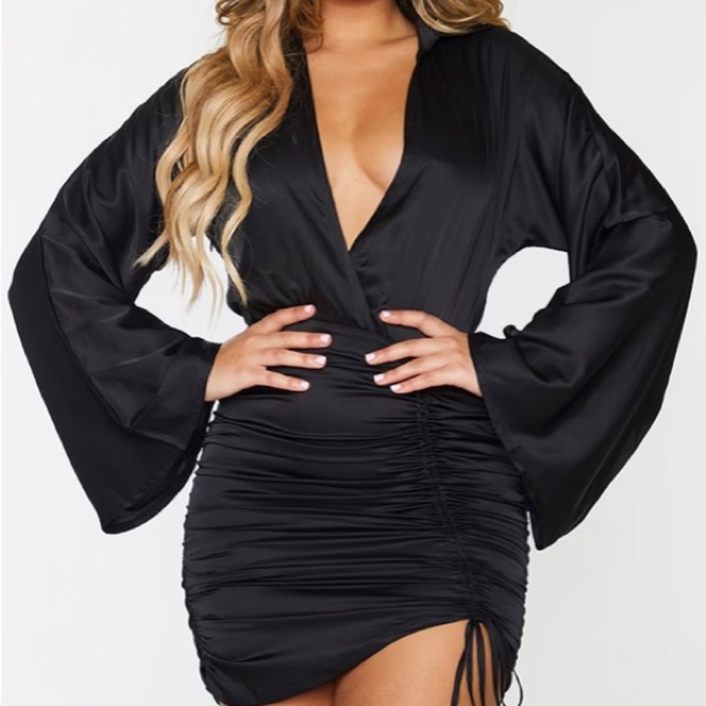 Black satin ruched plunge bodycon dress